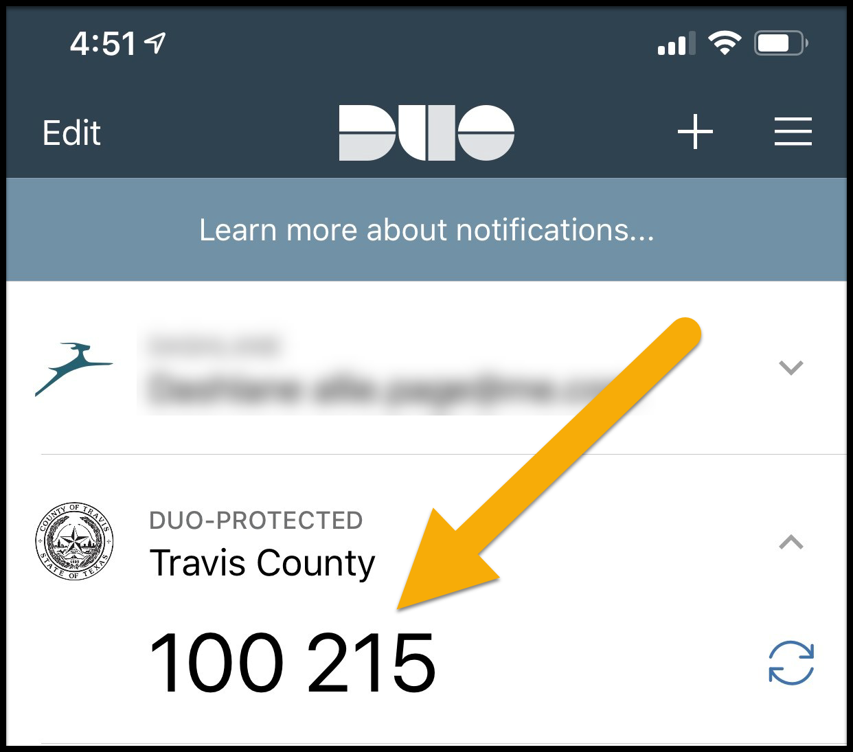 login using the passcode that appears after clicking travis county in the duo app